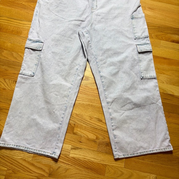 Womens Denim Strapless Jumpsuit Acid Washed Size 2X Cargo Pockets Lavender Blue - Picture 3 of 10